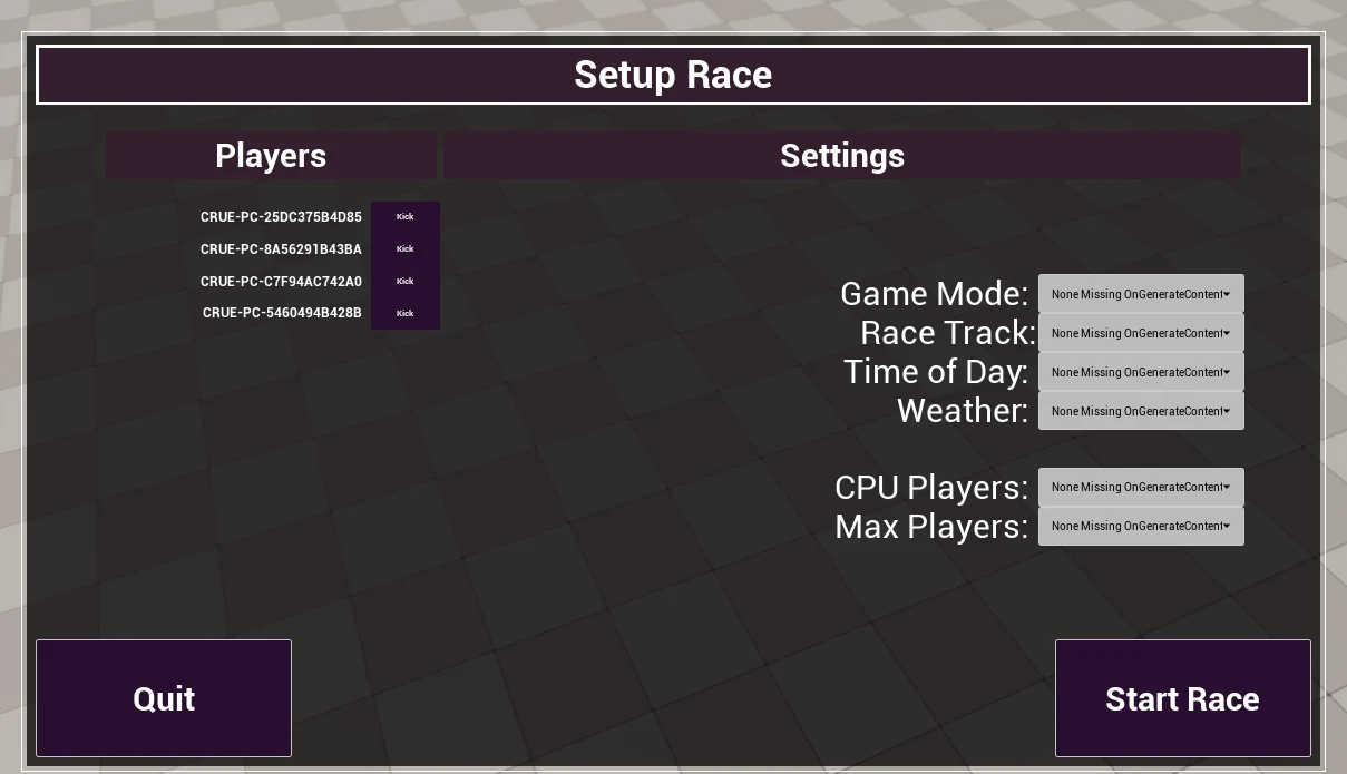 Race setup interface.