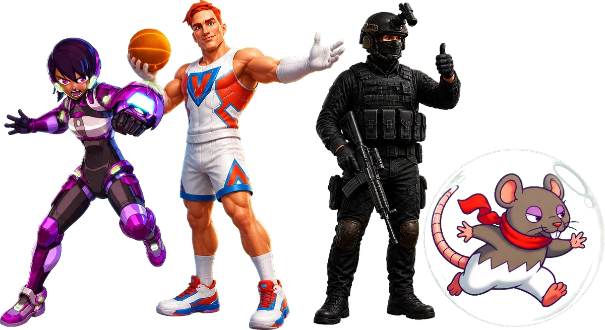 The Protodroid DeLTA heroine, the Infinite Victory player, the Project Wraith operator and the Rolled Out! rat together