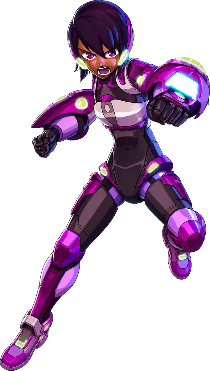 The Protodroid DeLTA heroine in purple armour, mid-punch