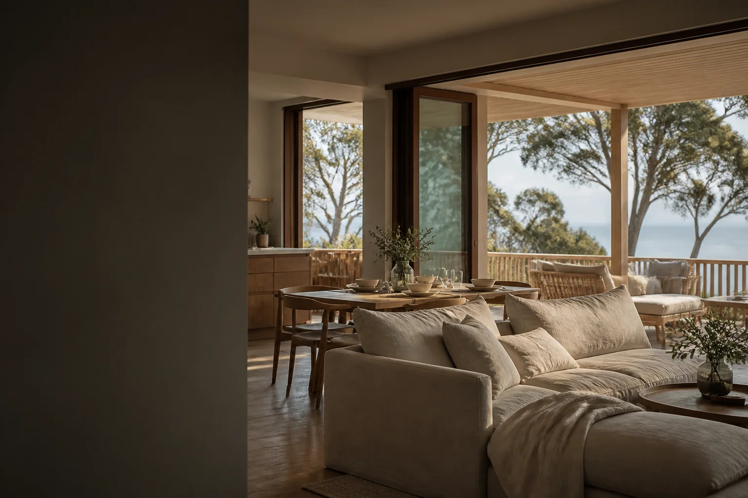 A calm coastal short-stay home with an open living area and sheltered deck